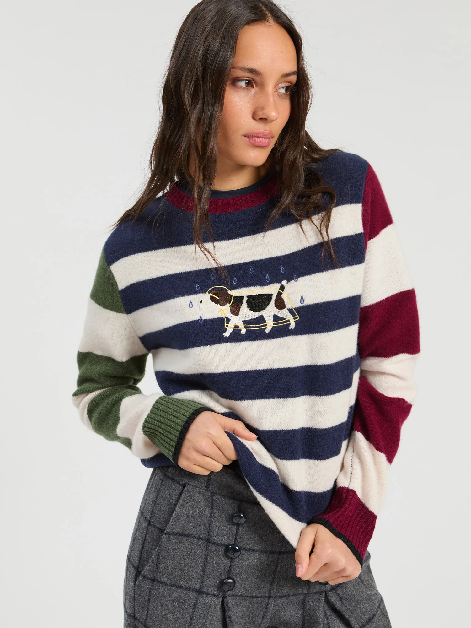 Jersey de punto a rayas con bordado de perro