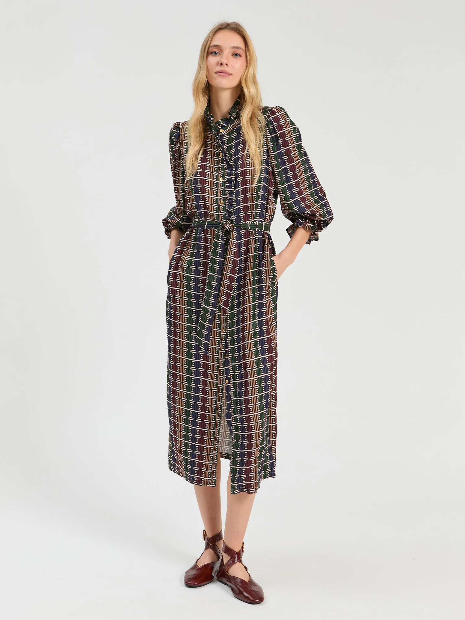 Vestido Twill Geométrico con Volante